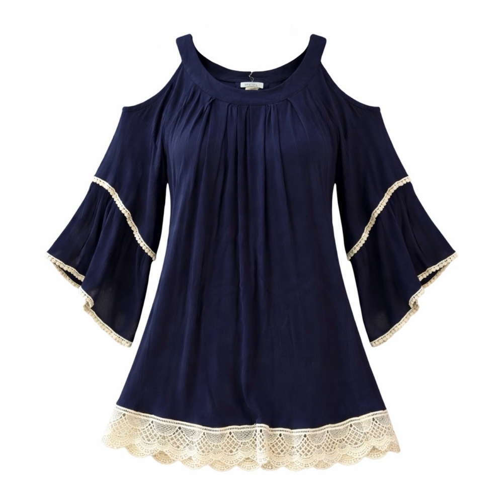 Navy Cold Shoulder Blouse Lace Trim Bell Sleeve Boho Top Size L